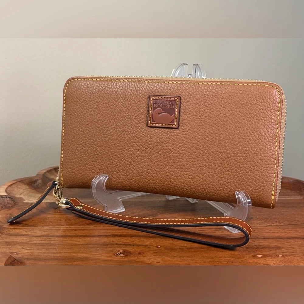 Dooney & Bourke Zip Around Wallet Wristlet Carmel Brown Pebble Leather NWOT